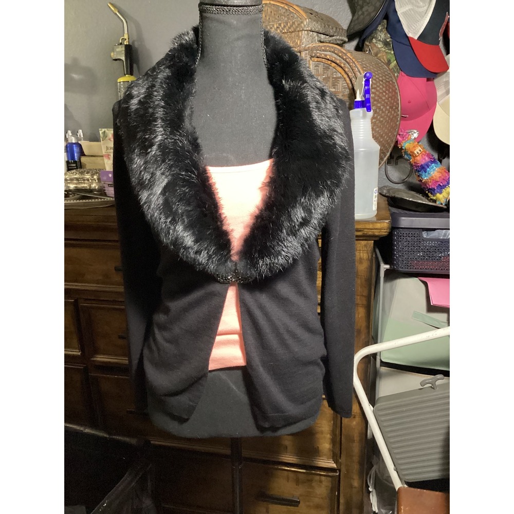 Laundry by Shelli Segal Black Cardigan Rabbit Fur Collar Clasp Closure Large